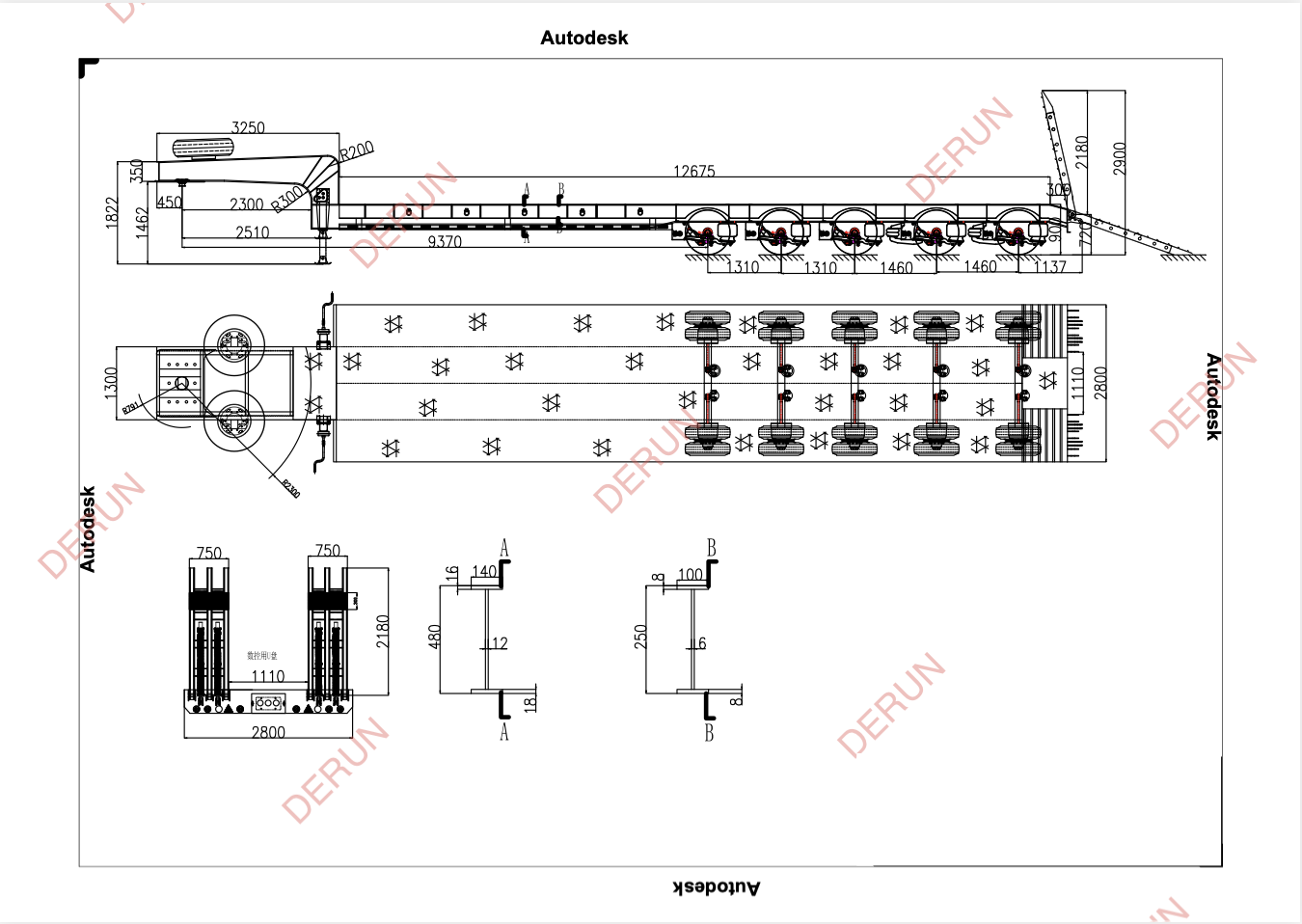 Desenho de 5 eixos semi -trailer