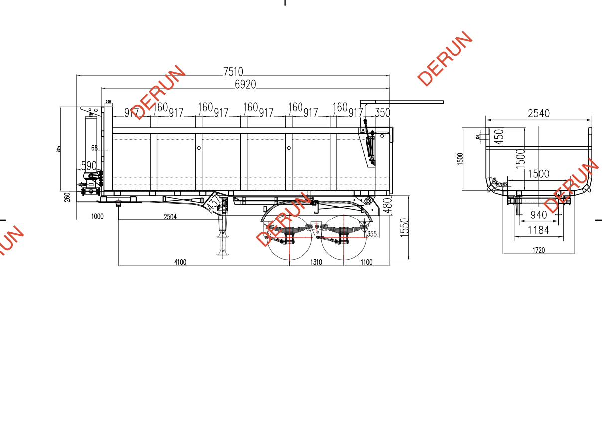 Desenho de 2 eixos traseiros semi trailer